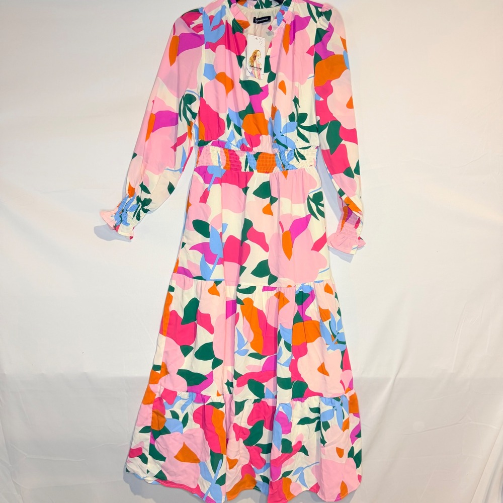 PrettyGarden Floral Smocked Waist Maxi Dress Long Sleeve Pink Orange Small NWT